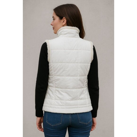 Carolyn Taylor White Sleeveless Puffer Vest W/ Faux Fur Lining & High Collar M - Picture 2 of 13